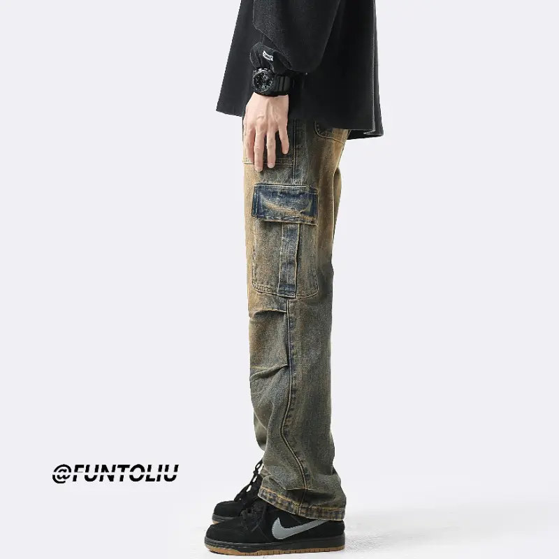 Men's Cargo Jeans American Style Muti-pockets Loose Straight Casual Trousers Hip Hop Streetwear Vintage Fashion Pants Jeans Mens