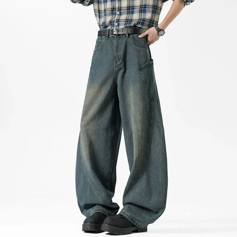 Fashion Men's Bgaay Jeans Nostalgic Vintage American Loose Oversized Denim Trousers Y2k Streetwear Wide-leg Pants Size S-3XL