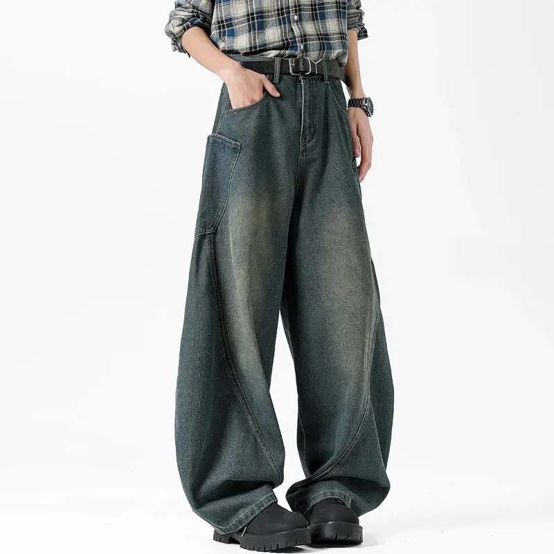 Fashion Men's Bgaay Jeans Nostalgic Vintage American Loose Oversized Denim Trousers Y2k Streetwear Wide-leg Pants Size S-3XL