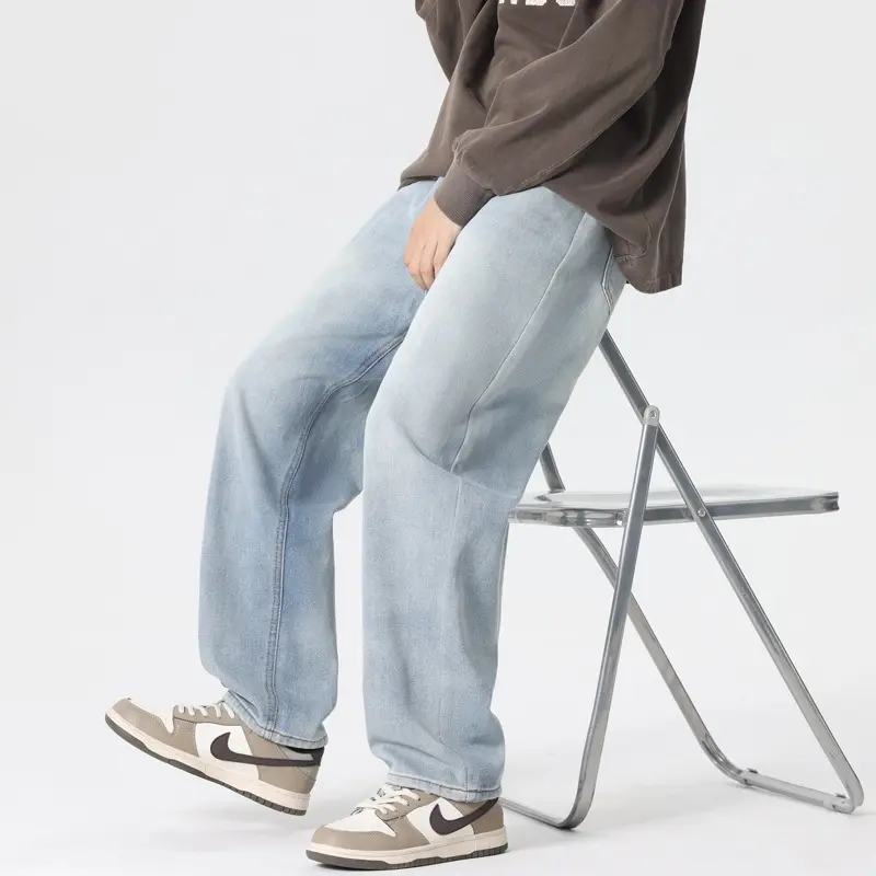 Men's Jeans Dragging Streetwear Korean Style Straight Wide Leg Pants Fashion Loose Men Brand Clothing Light Blue Baggy Jeans Y2k