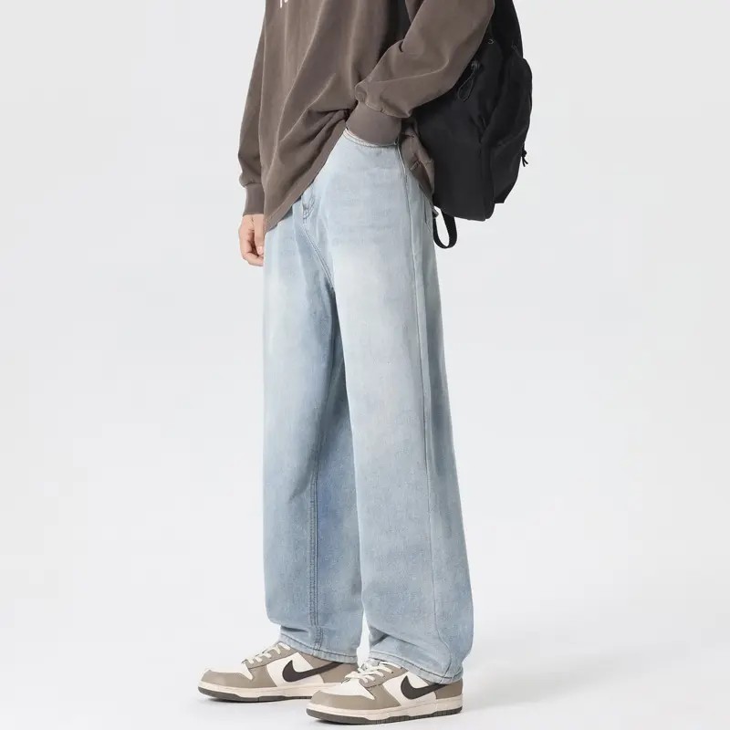 Men's Jeans Dragging Streetwear Korean Style Straight Wide Leg Pants Fashion Loose Men Brand Clothing Light Blue Baggy Jeans Y2k
