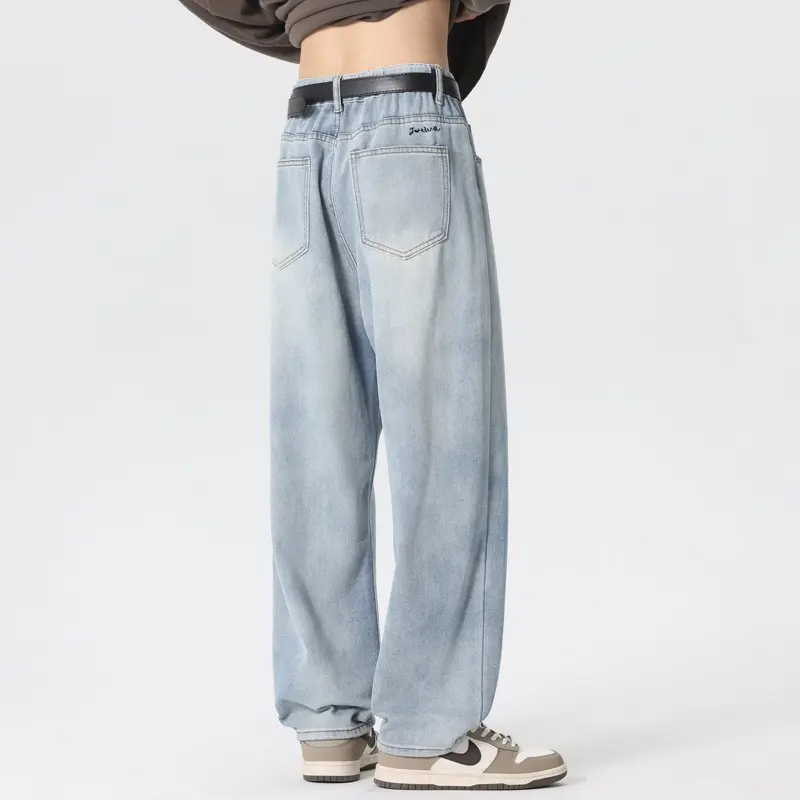 Men's Jeans Dragging Streetwear Korean Style Straight Wide Leg Pants Fashion Loose Men Brand Clothing Light Blue Baggy Jeans Y2k