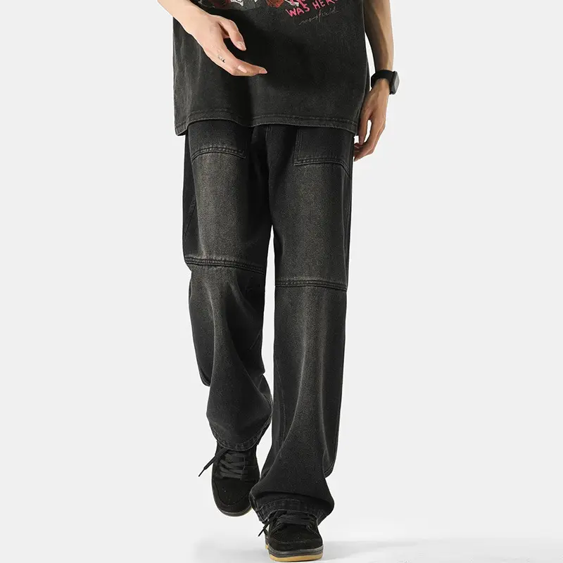 Baggy Jeans Men's Denim Wide-leg Pants American Patchwork Fabric Male Brand Clothes Black Blue Autumn New Fashion  Mens Jeans