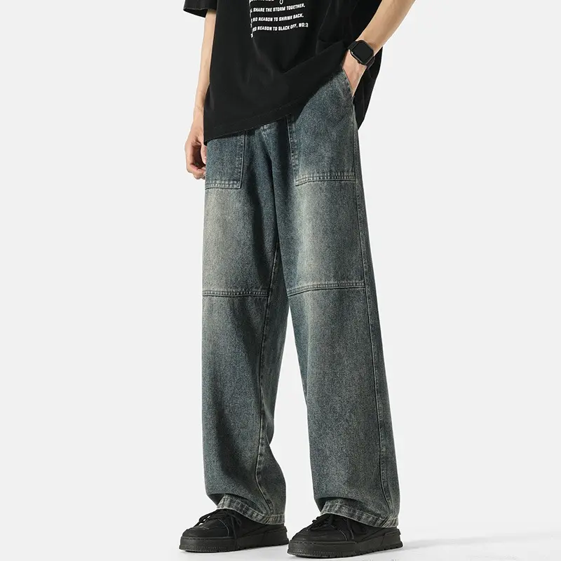 Baggy Jeans Men's Denim Wide-leg Pants American Patchwork Fabric Male Brand Clothes Black Blue Autumn New Fashion  Mens Jeans