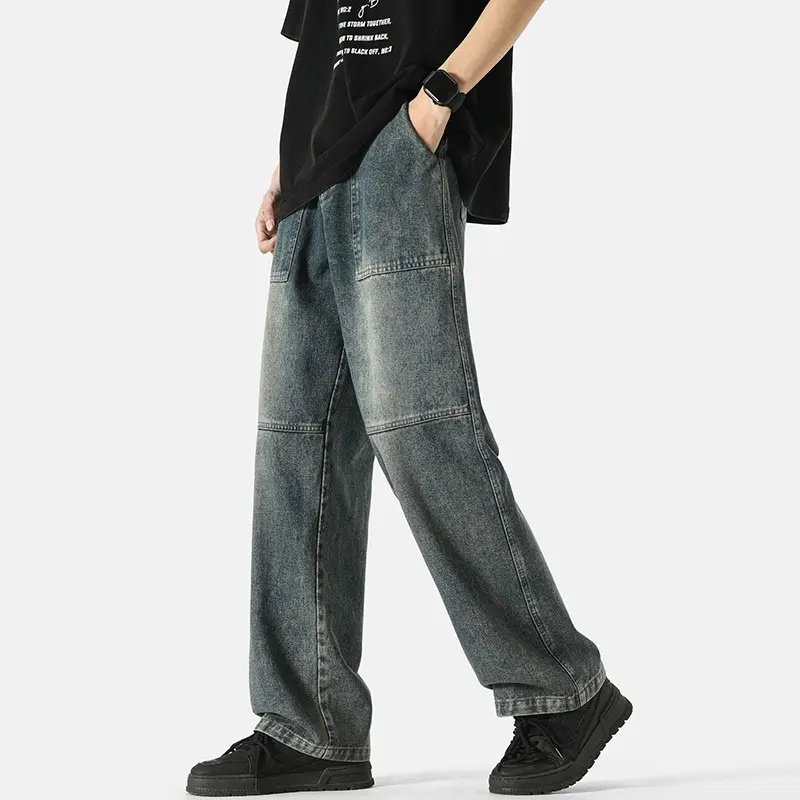 Baggy Jeans Men's Denim Wide-leg Pants American Patchwork Fabric Male Brand Clothes Black Blue Autumn New Fashion  Mens Jeans