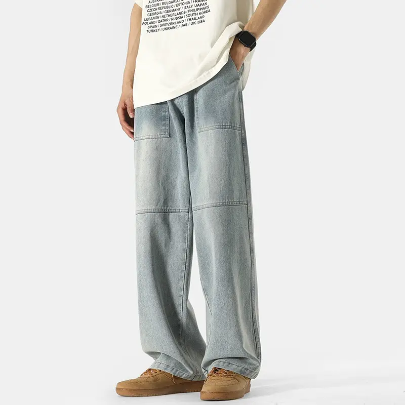 Baggy Jeans Men's Denim Wide-leg Pants American Patchwork Fabric Male Brand Clothes Black Blue Autumn New Fashion  Mens Jeans