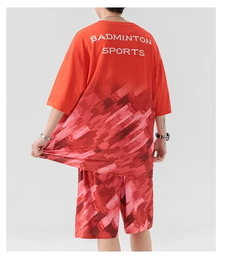 Summer Men's Ice Silk Sets Korean Fashion Streetwear Tracksuit Casual Men Clothing Outfit Set Men T Shirts+Shorts Two Piece Sets