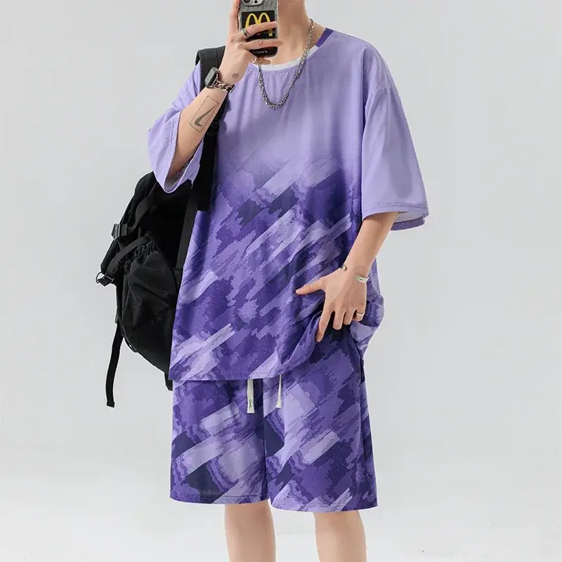Summer Men's Ice Silk Sets Korean Fashion Streetwear Tracksuit Casual Men Clothing Outfit Set Men T Shirts+Shorts Two Piece Sets