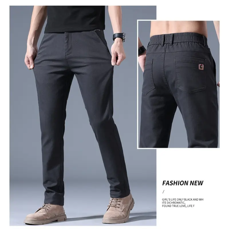 Men's Spring Autumn New Splicing Elasticized Button Zipper Pocket Fashion Solid Slim Straight Pants Korean Business Casual Pants