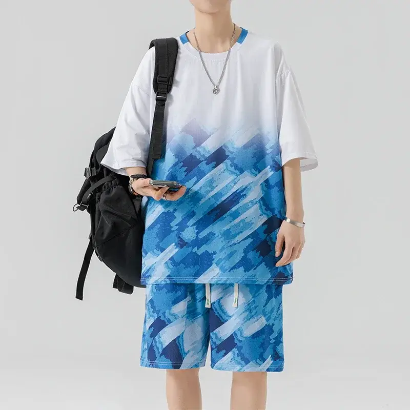 Summer Men's Ice Silk Sets Korean Fashion Streetwear Tracksuit Casual Men Clothing Outfit Set Men T Shirts+Shorts Two Piece Sets