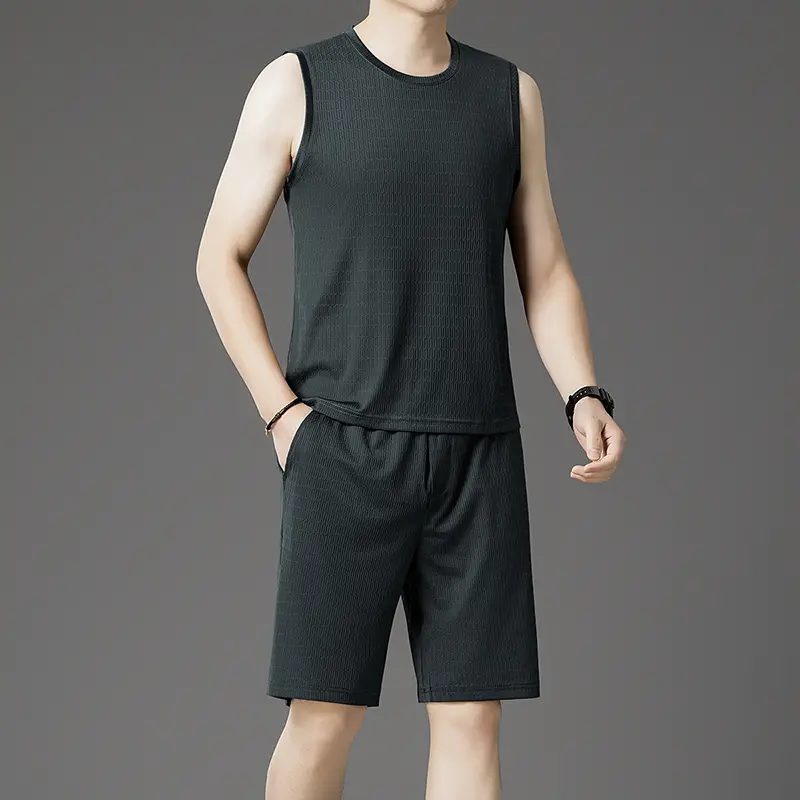 New Mens Sleeveless Mesh Bamboo Ice Silk T-shirt Shorts Set Men Tank Top Casual Versatile Summer Elastic Slimming Top Men Shorts
