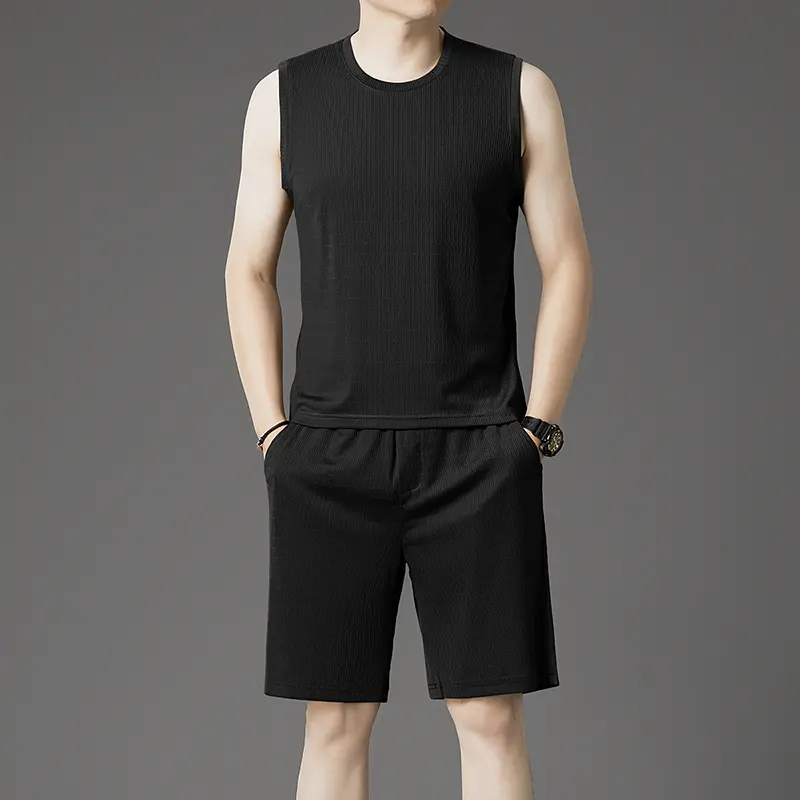 New Mens Sleeveless Mesh Bamboo Ice Silk T-shirt Shorts Set Men Tank Top Casual Versatile Summer Elastic Slimming Top Men Shorts