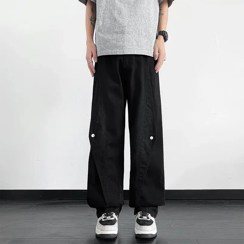Retro Baggy Flared Jeans Men High Street Casual Splicing Logging Cargo Denim Pants Cotton Streetwear Large Size 8XL-M Jeans