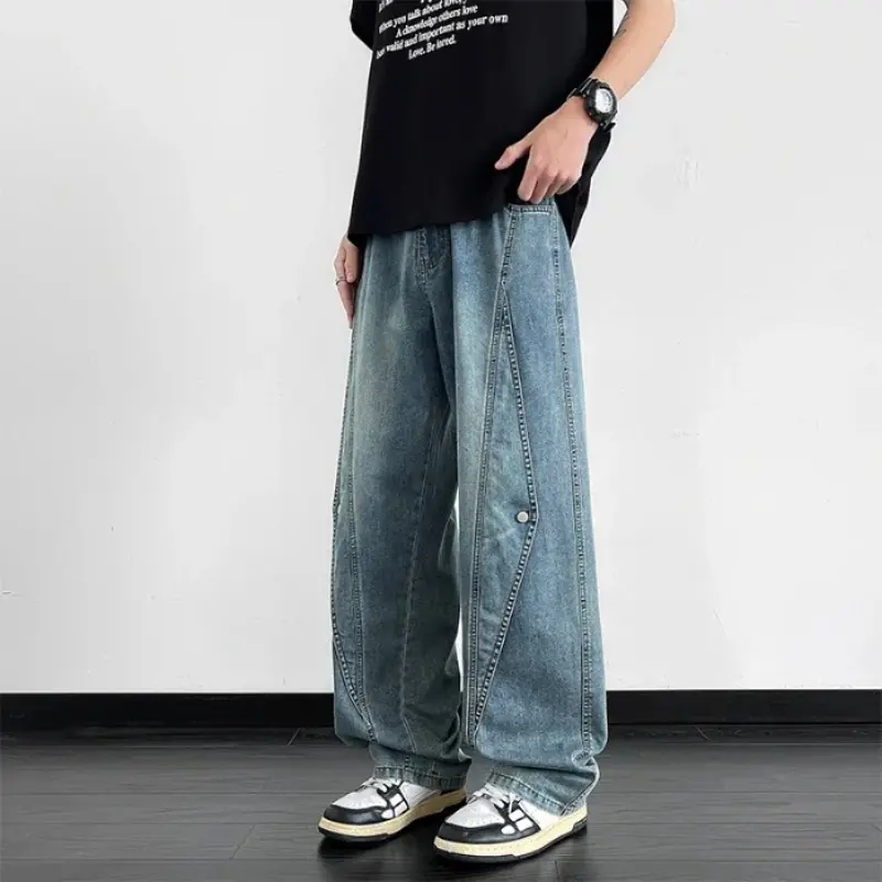 Retro Baggy Flared Jeans Men High Street Casual Splicing Logging Cargo Denim Pants Cotton Streetwear Large Size 8XL-M Jeans