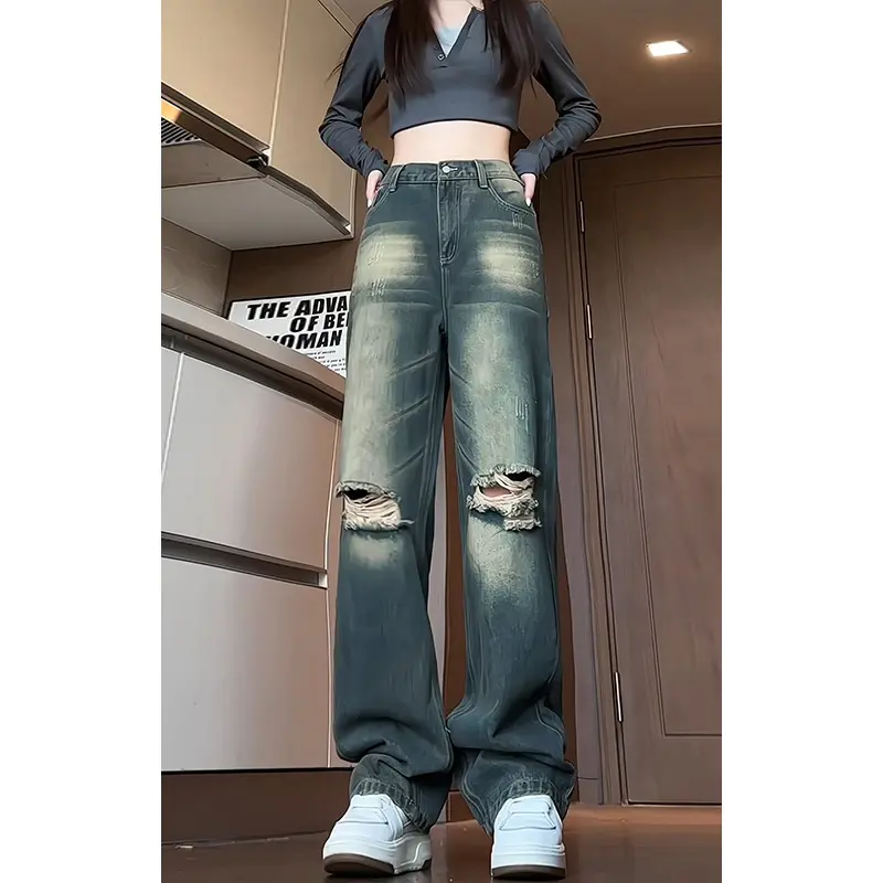 Women's Wide Leg Trashy Style Denim Trouser 2025 Summer Vintage Harajuku Y2K Loose Jeans Hollow Baggy Ripped Out Blue Pants