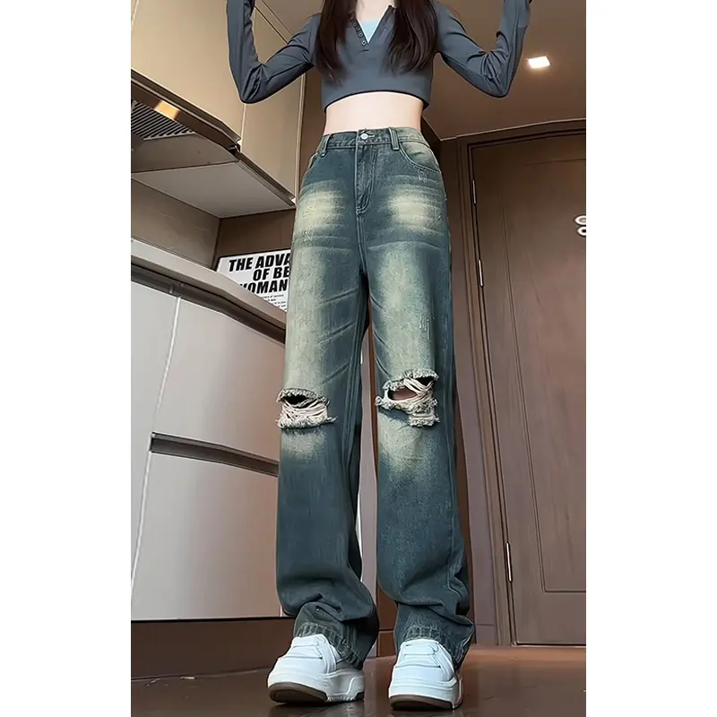Women's Wide Leg Trashy Style Denim Trouser 2025 Summer Vintage Harajuku Y2K Loose Jeans Hollow Baggy Ripped Out Blue Pants