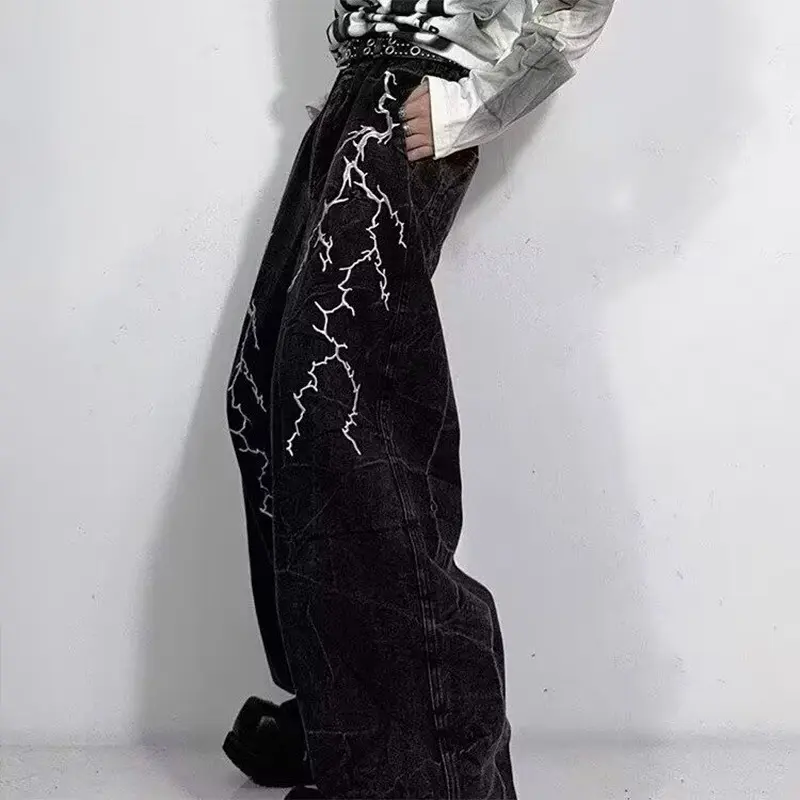 American High Street Woven and Embroidered Straight-leg Jeans Unisex Fashionable, Loose Wide-leg and Floor-length Pants