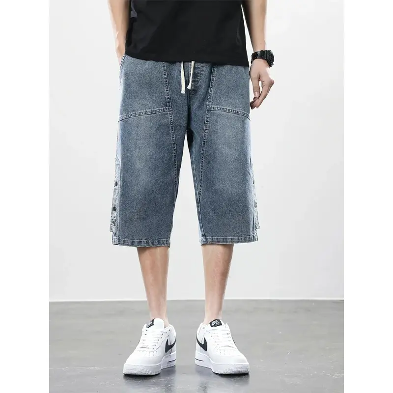 Denim Breeches Calf-Length Casual Shorts Washed Cotton Drawstring Straight Capris Pants Big Size 8XL-M Summer Men's Jeans