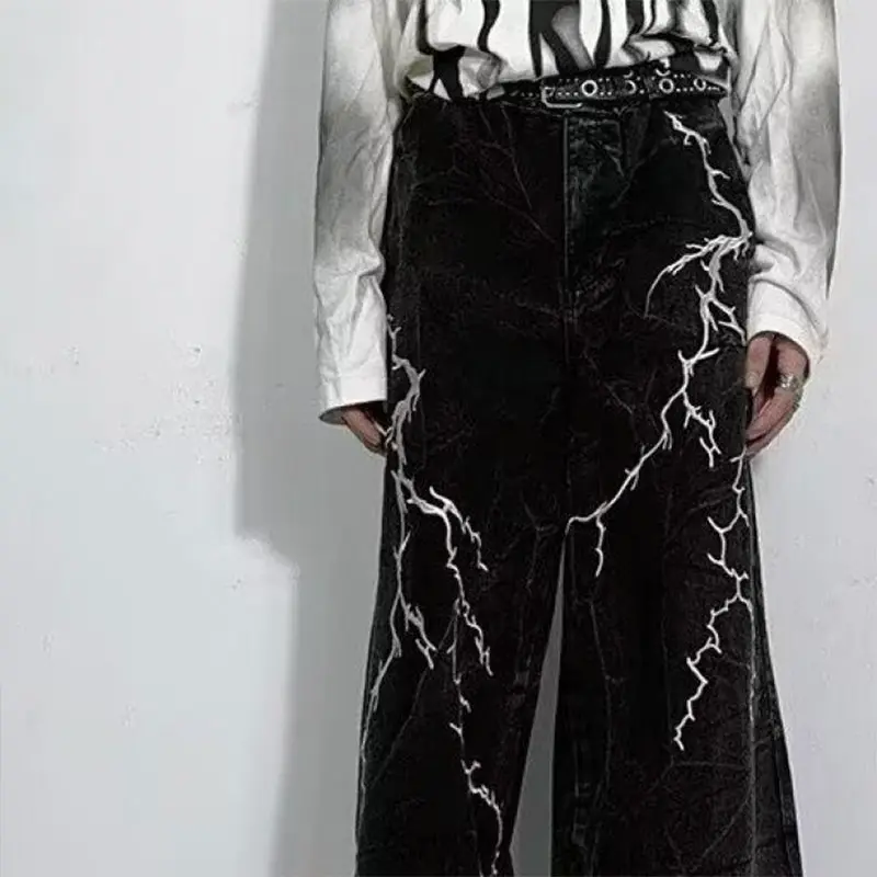 American High Street Woven and Embroidered Straight-leg Jeans Unisex Fashionable, Loose Wide-leg and Floor-length Pants
