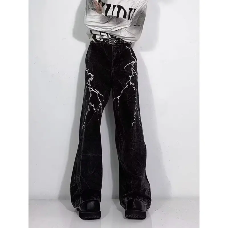 American High Street Woven and Embroidered Straight-leg Jeans Unisex Fashionable, Loose Wide-leg and Floor-length Pants