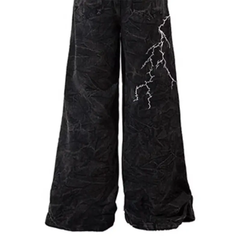 American High Street Woven and Embroidered Straight-leg Jeans Unisex Fashionable, Loose Wide-leg and Floor-length Pants