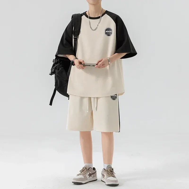 Summer Men Tracksuit Sets 2 Pieces Suits Sets Streetwear Patchwork Short Sleeve T-Shirts +Shorts Korean Fashion Men's Sportswear