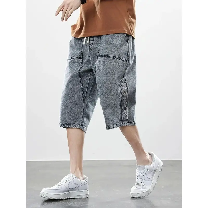 Denim Breeches Calf-Length Casual Shorts Washed Cotton Drawstring Straight Capris Pants Big Size 8XL-M Summer Men's Jeans