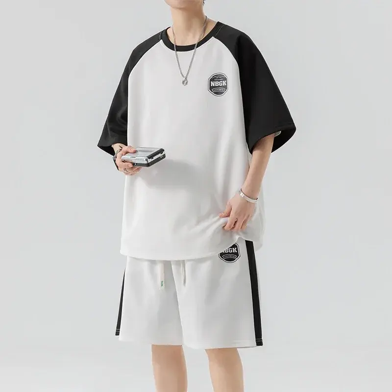 Summer Men Tracksuit Sets 2 Pieces Suits Sets Streetwear Patchwork Short Sleeve T-Shirts +Shorts Korean Fashion Men's Sportswear