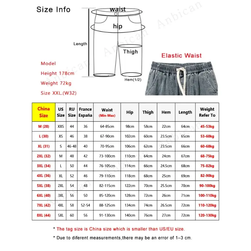 Denim Breeches Calf-Length Casual Shorts Washed Cotton Drawstring Straight Capris Pants Big Size 8XL-M Summer Men's Jeans