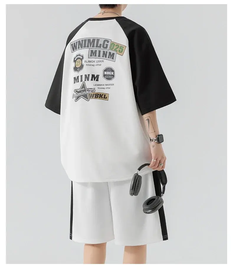 Summer Men Tracksuit Sets 2 Pieces Suits Sets Streetwear Patchwork Short Sleeve T-Shirts +Shorts Korean Fashion Men's Sportswear