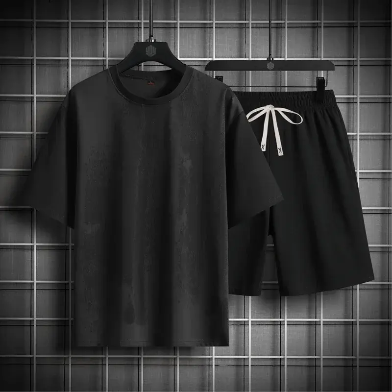 2025 Men's 2 Piece Short Sleeve Set Splash-ink Loose Tracksuit New Men's Summer Tracksuits Fashion Harajuku T Shirts+Shorts Sets