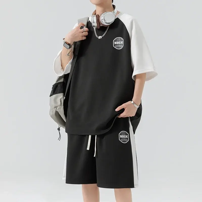 Summer Men Tracksuit Sets 2 Pieces Suits Sets Streetwear Patchwork Short Sleeve T-Shirts +Shorts Korean Fashion Men's Sportswear