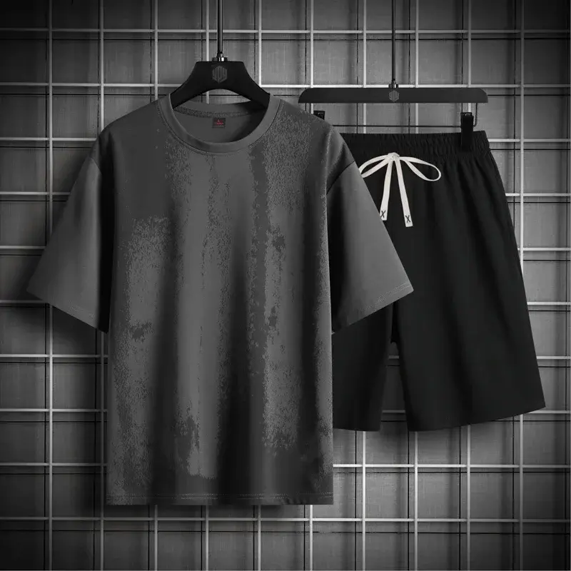 2025 Men's 2 Piece Short Sleeve Set Splash-ink Loose Tracksuit New Men's Summer Tracksuits Fashion Harajuku T Shirts+Shorts Sets