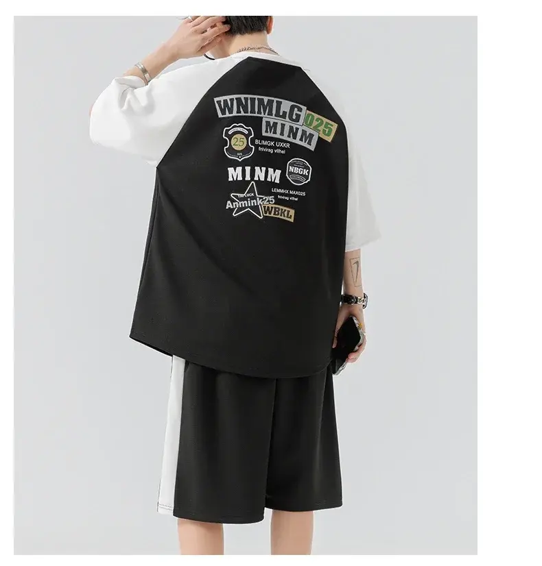 Summer Men Tracksuit Sets 2 Pieces Suits Sets Streetwear Patchwork Short Sleeve T-Shirts +Shorts Korean Fashion Men's Sportswear