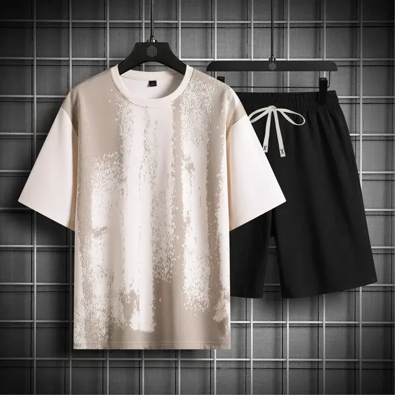 2025 Men's 2 Piece Short Sleeve Set Splash-ink Loose Tracksuit New Men's Summer Tracksuits Fashion Harajuku T Shirts+Shorts Sets