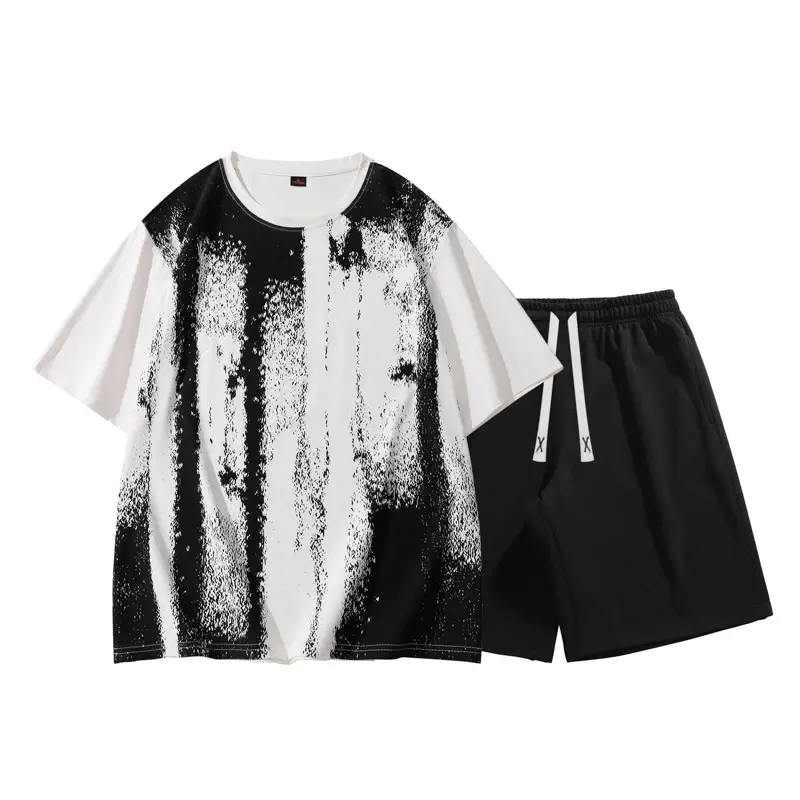 2025 Men's 2 Piece Short Sleeve Set Splash-ink Loose Tracksuit New Men's Summer Tracksuits Fashion Harajuku T Shirts+Shorts Sets