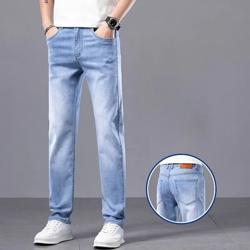 Men Jeans Casual Wear Resistant Wearable Versatile Long Pants mid Waist Zipper Closure Faionable Men's Summer Thin Straight Leg
