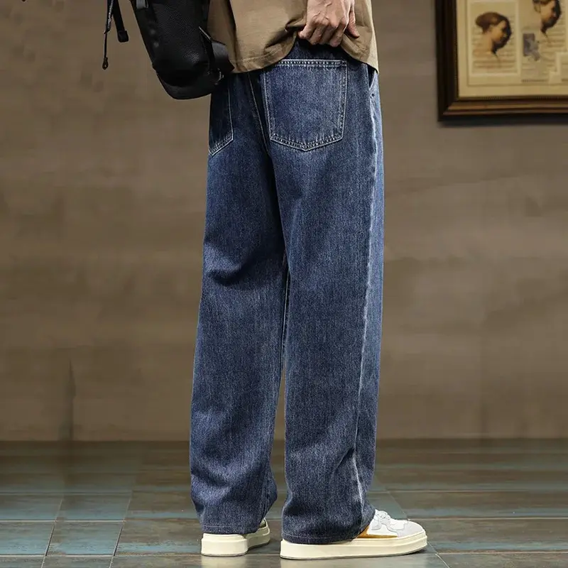 Denim Pants Male Baggy Stylish Harajuku Trousers Men Straight Leg Blue Gray Loose Y2K Drawstring Jeans Streetwear Casual Wide