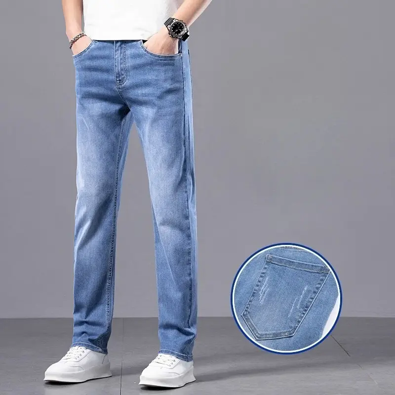 Men Jeans Casual Wear Resistant Wearable Versatile Long Pants mid Waist Zipper Closure Faionable Men's Summer Thin Straight Leg