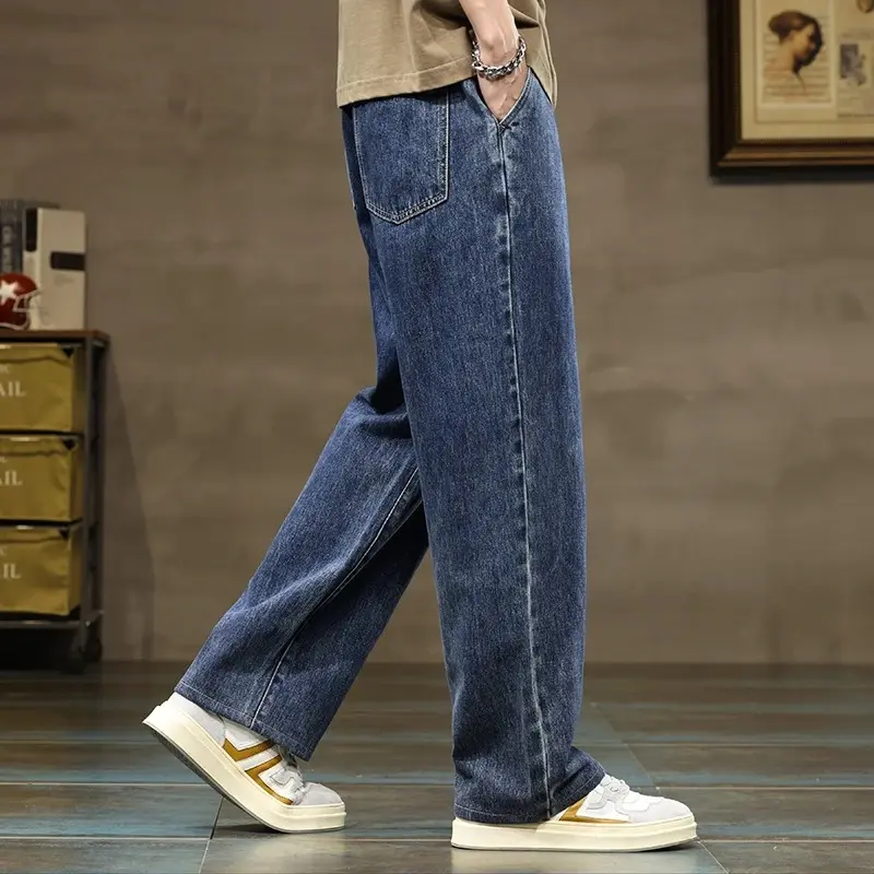 Denim Pants Male Baggy Stylish Harajuku Trousers Men Straight Leg Blue Gray Loose Y2K Drawstring Jeans Streetwear Casual Wide