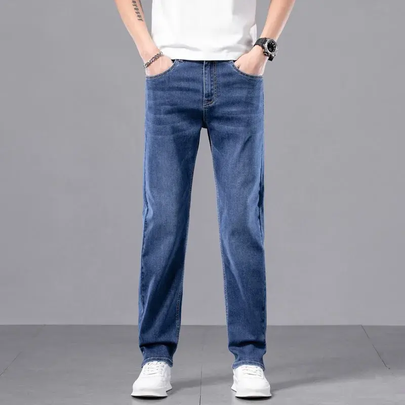 Men Jeans Casual Wear Resistant Wearable Versatile Long Pants mid Waist Zipper Closure Faionable Men's Summer Thin Straight Leg