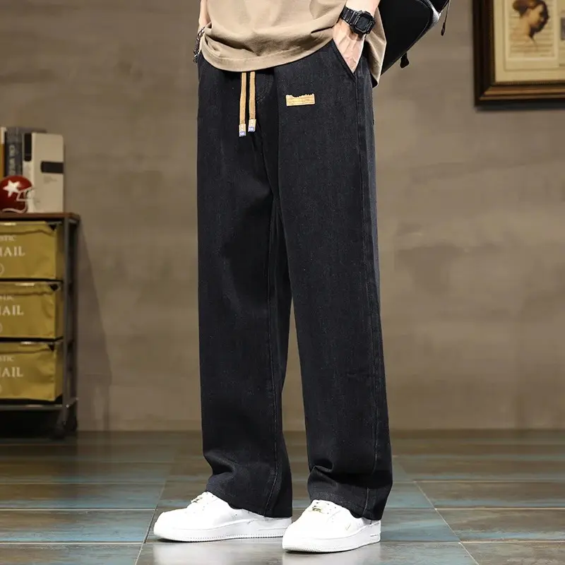 Denim Pants Male Baggy Stylish Harajuku Trousers Men Straight Leg Blue Gray Loose Y2K Drawstring Jeans Streetwear Casual Wide