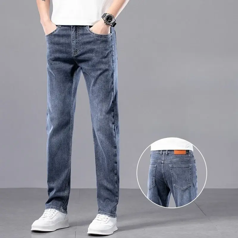 Men Jeans Casual Wear Resistant Wearable Versatile Long Pants mid Waist Zipper Closure Faionable Men's Summer Thin Straight Leg