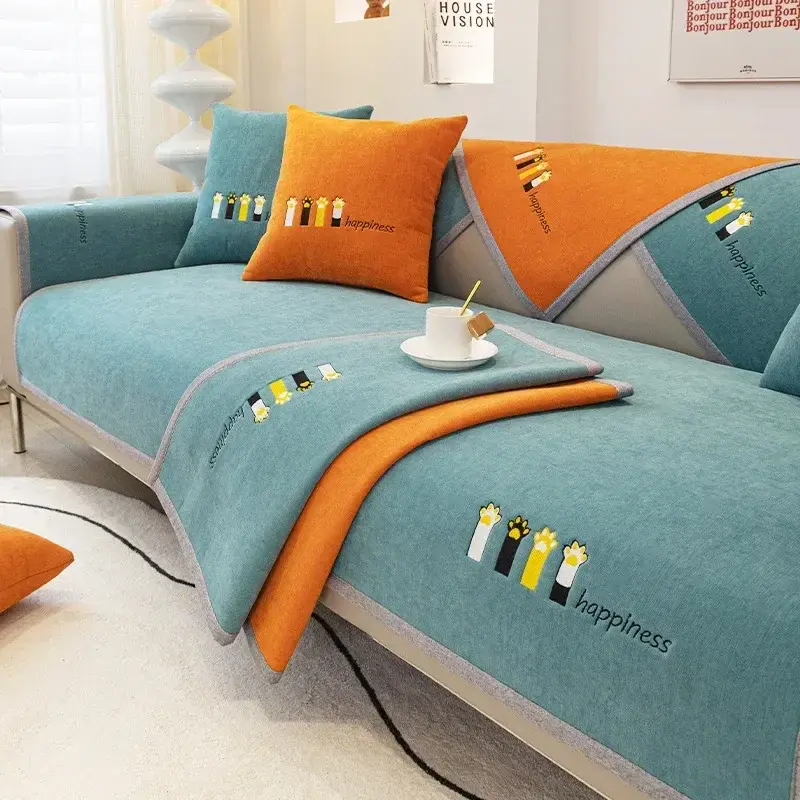 Luxury Embroidery Sofa Cover Cat Claws Non-slip Sofa Towel Protection Sofa Cushion Cover Towel Living Room Universal Gray Edge
