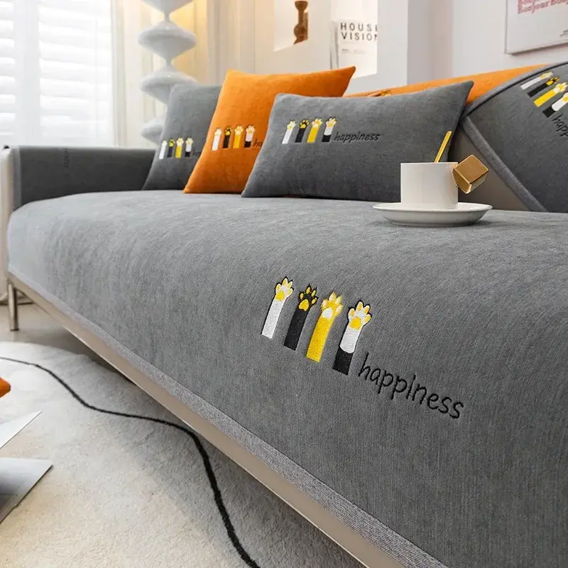 Luxury Embroidery Sofa Cover Cat Claws Non-slip Sofa Towel Protection Sofa Cushion Cover Towel Living Room Universal Gray Edge