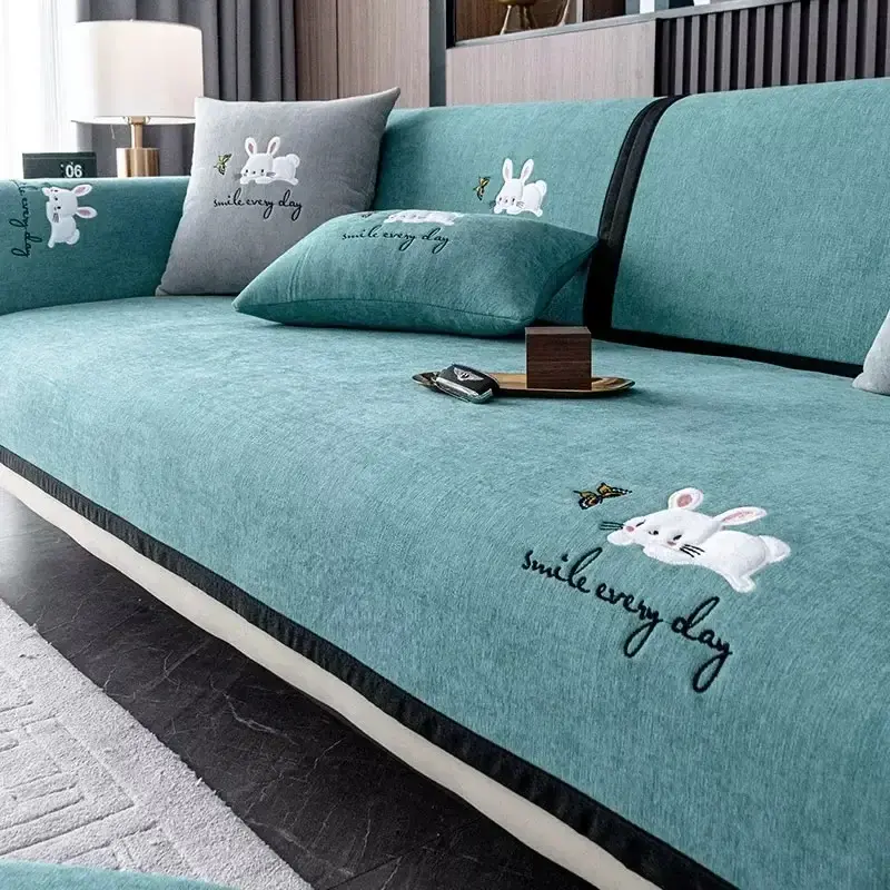 Embroidered Rabbits Sofa Cover Black Edge Comfortable Universal Chenille Sofa Cushion Living Room Solid Color Non Slip Cloth