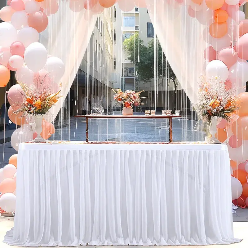 4/6/9/14FT New Rectangle Terylene Table Skirt Table Cloth Solid Color Streak Wedding Party Dining Room Holiday Party Table Skirt