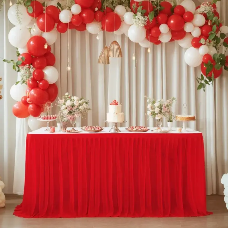 4/6/9/14FT New Rectangle Terylene Table Skirt Table Cloth Solid Color Streak Wedding Party Dining Room Holiday Party Table Skirt