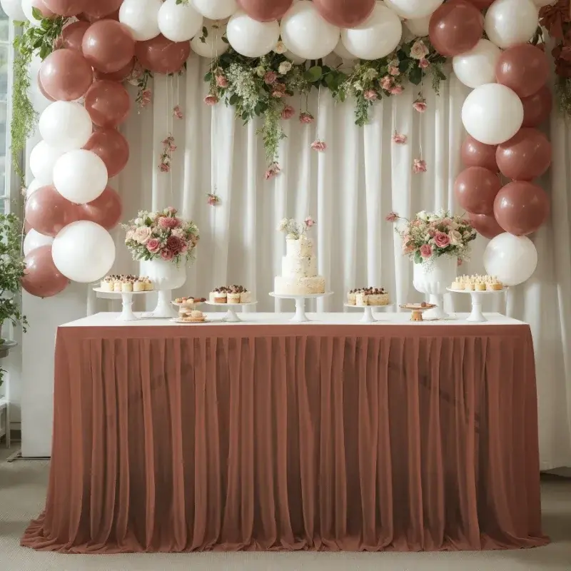 4/6/9/14FT New Rectangle Terylene Table Skirt Table Cloth Solid Color Streak Wedding Party Dining Room Holiday Party Table Skirt