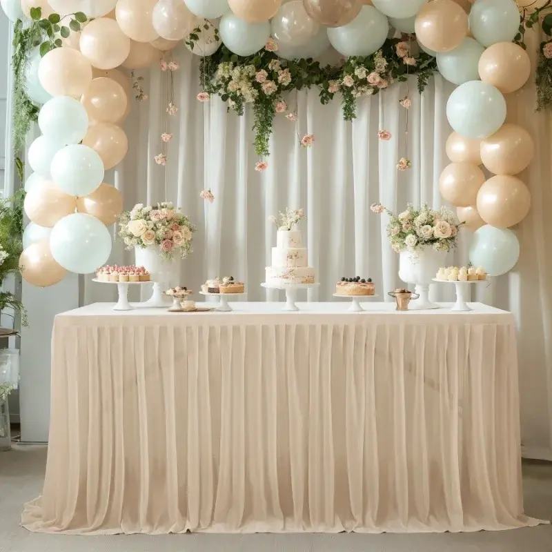 4/6/9/14FT New Rectangle Terylene Table Skirt Table Cloth Solid Color Streak Wedding Party Dining Room Holiday Party Table Skirt